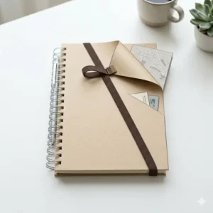 The back view of a notebook a5 spiral showing its elastic band and inner pocket.