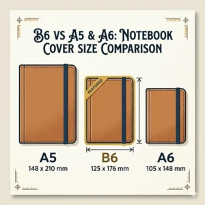Size comparison chart showing a b6 notebook cover vs A5 and A6 notebook sizes.
