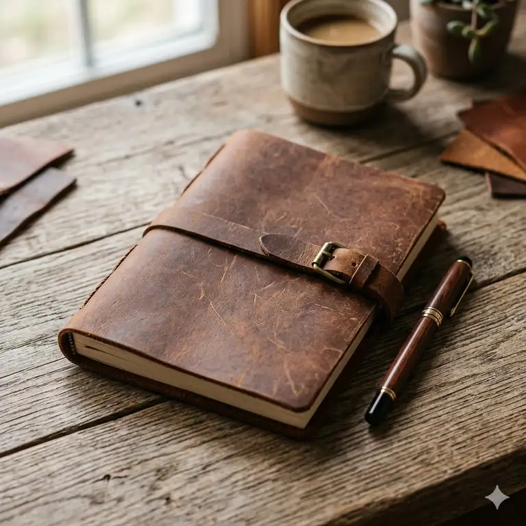 A premium brown leather notebook resting on a rustic wooden desk with a fountain pen.