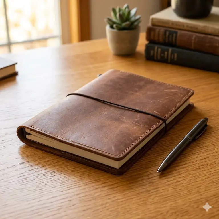 A premium brown leather a5 travelers notebook cover laid flat on a wooden desk with a pen.