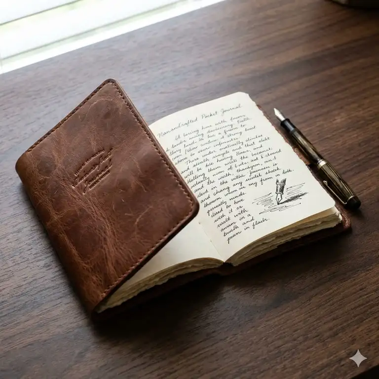 A handcrafted brown leather pocket journal laying open on a dark wood desk next to a vintage fountain pen.