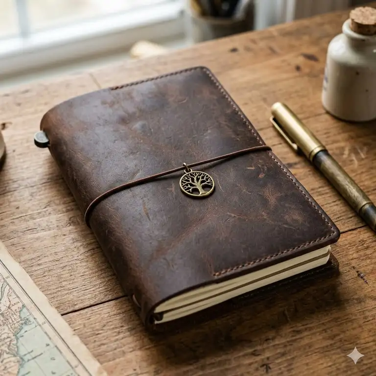 A premium brown leather travelers notebook with elastic closures and multiple paper inserts on a wooden desk.