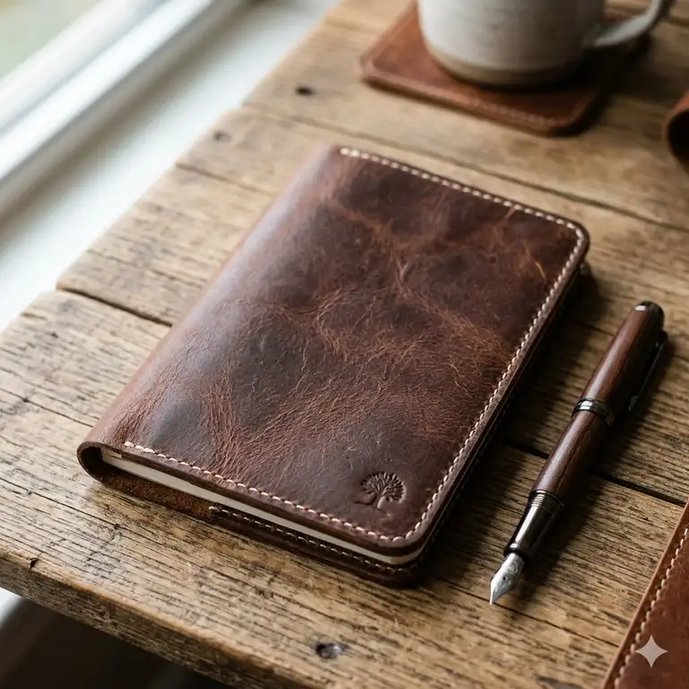 A professional hero shot of a premium brown leather pocket notebook cover on a wooden desk.
