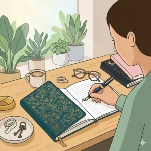 A minimalist vector illustration of a person writing in one of their beautiful journals at a sunny wooden desk surrounded by houseplants.