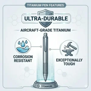 An information graphic highlighting the durable, corrosion-resistant, and scratch-resistant properties of a tactical titanium pen.