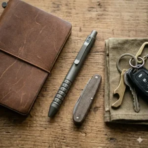 A durable edc pen with a heavy-duty pocket clip secured inside a front pants pocket.