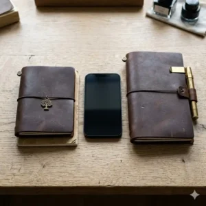 A comparison of pocket-size and standard-size leather travelers notebook next to a smartphone.
