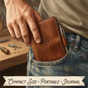 Minimalist illustration demonstrating a slim leather pocket journal fitting into a denim trouser pocket.