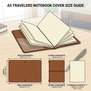 A technical illustration showing the exact dimensions and scale of an a5 travelers notebook cover compared to a standard A5 paper.