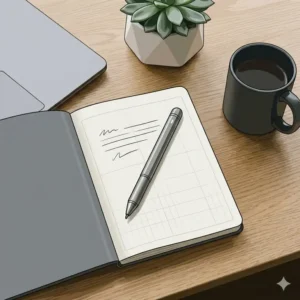 A sleek smart reusable notebooks open on a wooden table with its companion erasable stylus resting on the page.
