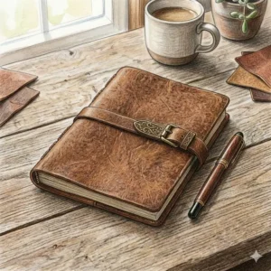 Close-up of the durable hand-stitched spine and vintage texture of a brown leather notebook.
