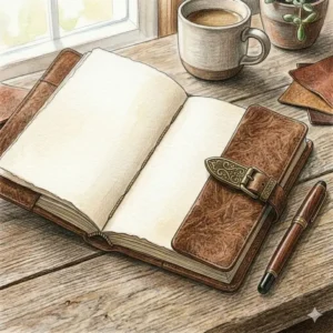 An open brown leather notebook showing high-quality blank cream paper for journaling.