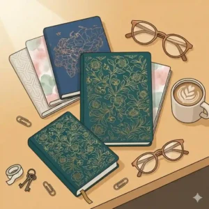 A colorful graphic illustration showcasing different styles of beautiful journals, including celestial patterns, embossed leather, and pastel watercolor covers.