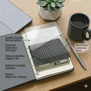 Close-up technical diagram showcasing the eco-friendly reusable notebooks materials and durable binding layers.