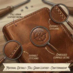 Detailed illustration of the pebbled texture and durable perimeter stitching of a genuine leather pocket journal.
