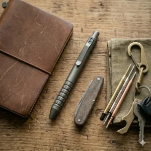 Close-up of a brass bolt action edc pen mechanism being deployed.