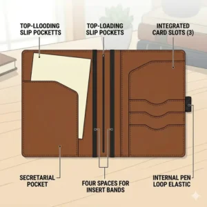 Inside view of an a5 travelers notebook cover featuring card slots, a secretarial pocket, and four elastic spine bands.
