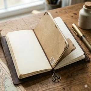 Close-up of a leather travelers notebook showing three different paper refills and a kraft folder insert.