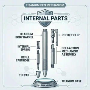 A detailed technical schematic diagram showing an exploded view of all internal and external titanium pen parts.