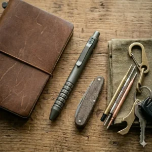 A side-by-side material comparison of titanium, brass, and aluminum edc pen options.