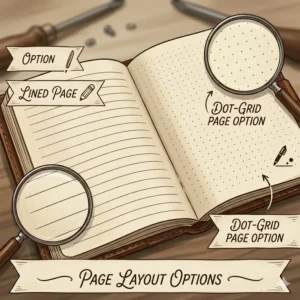 Illustration comparing lined and dot-grid paper options inside a small leather pocket journal.