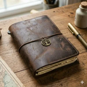 A well-worn vintage leather travelers notebook showing a natural dark patina from years of use.