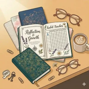 An illustration of an open beautiful journal displaying decorated pages with hand-drawn habit trackers, calligraphy, and dried pressed flowers.