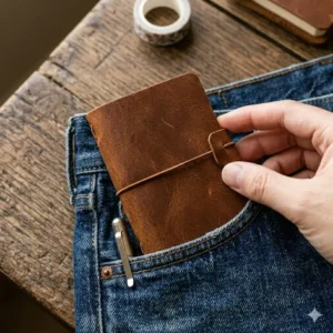 Side-by-side comparison illustrating a pocket-size mini journal fitting easily inside a small jacket pocket.