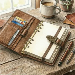 A refillable brown leather notebook with an elastic strap closure and internal card slots.