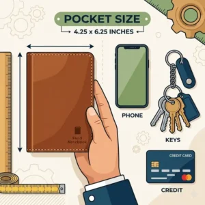 A size guide illustration showing a pocket notebook cover fitting perfectly into a back pocket.