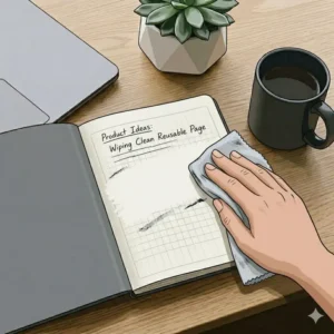 A damp microfiber cloth wiping clean a reusable notebooks page to demonstrate how easily the ink erases.