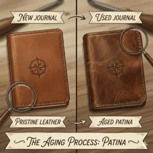 Comparison illustration showing how a leather pocket journal develops a unique vintage patina with years of use.