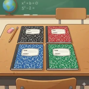 5: A set of bulk composition notebooks arranged neatly on a wooden classroom desk.