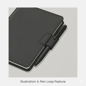 A minimalist pocket notebook cover design featuring a side-mounted elastic pen loop.