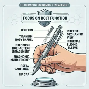 An ergonomic view illustration focusing on the patterned, non-slip grip of a sleek titanium pen as a hand writes with it.