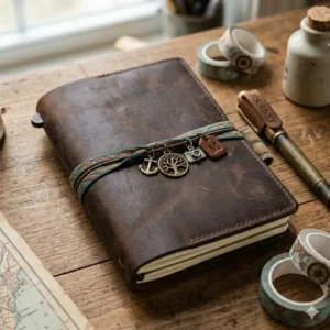 A personalized leather travelers notebook decorated with brass charms and a decorative elastic cord.