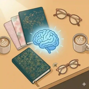 A gentle pastel illustration representing self-care and mental health, featuring a glowing brain icon next to open beautiful journals for evening reflection.