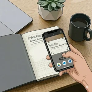 A smartphone scanning a reusable notebooks page to upload handwritten notes directly to a cloud storage app.