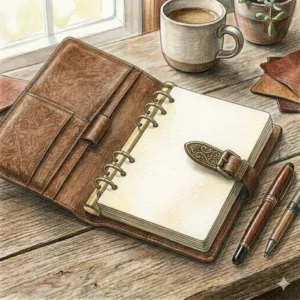 A compact brown leather notebook being used by a traveler in a scenic outdoor setting.