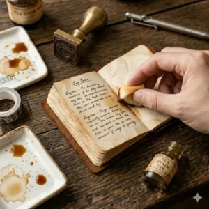 Open vintage-style mini journal spread featuring coffee-stained pages, retro stamps, and quick daily log entries.