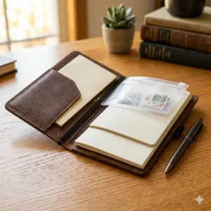 Illustration of an a5 travelers notebook cover holding three different paper refills and a zipper pouch.