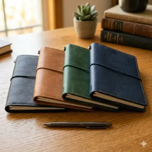 A variety of a5 travelers notebook cover options in different colors including black, tan, forest green, and navy blue.