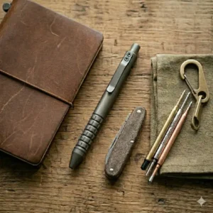 The hardened tungsten carbide tip of a multi-functional tactical edc pen.