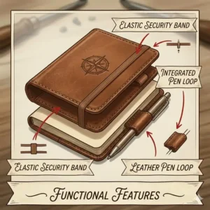 Diagram of a leather pocket journal highlighting the elastic security band and leather pen holder loop.