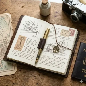A leather travelers notebook in use with a fountain pen, passport, and camera for a travel journaling setup.