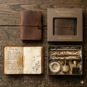 Elegant mini journal gift set neatly arranged in a cardboard box with a ribbon and fine-liner drawing pens.