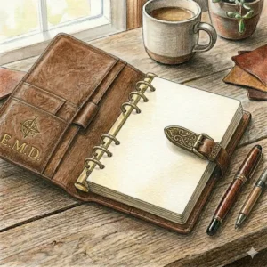 Detail of custom gold-leaf embossing on the front cover of a personalized brown leather notebook.