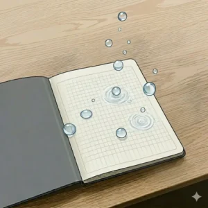 Water droplets bouncing off the synthetic waterproof paper surface of high-quality reusable notebooks.
