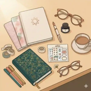 A neat flat illustration of aesthetic stationery accessories used with beautiful journals, including washi tape, fine-liner pens, and sticker sheets.