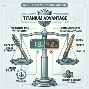 A scale infographic diagram providing a precise weight and density comparison of a titanium pen versus common pen materials.